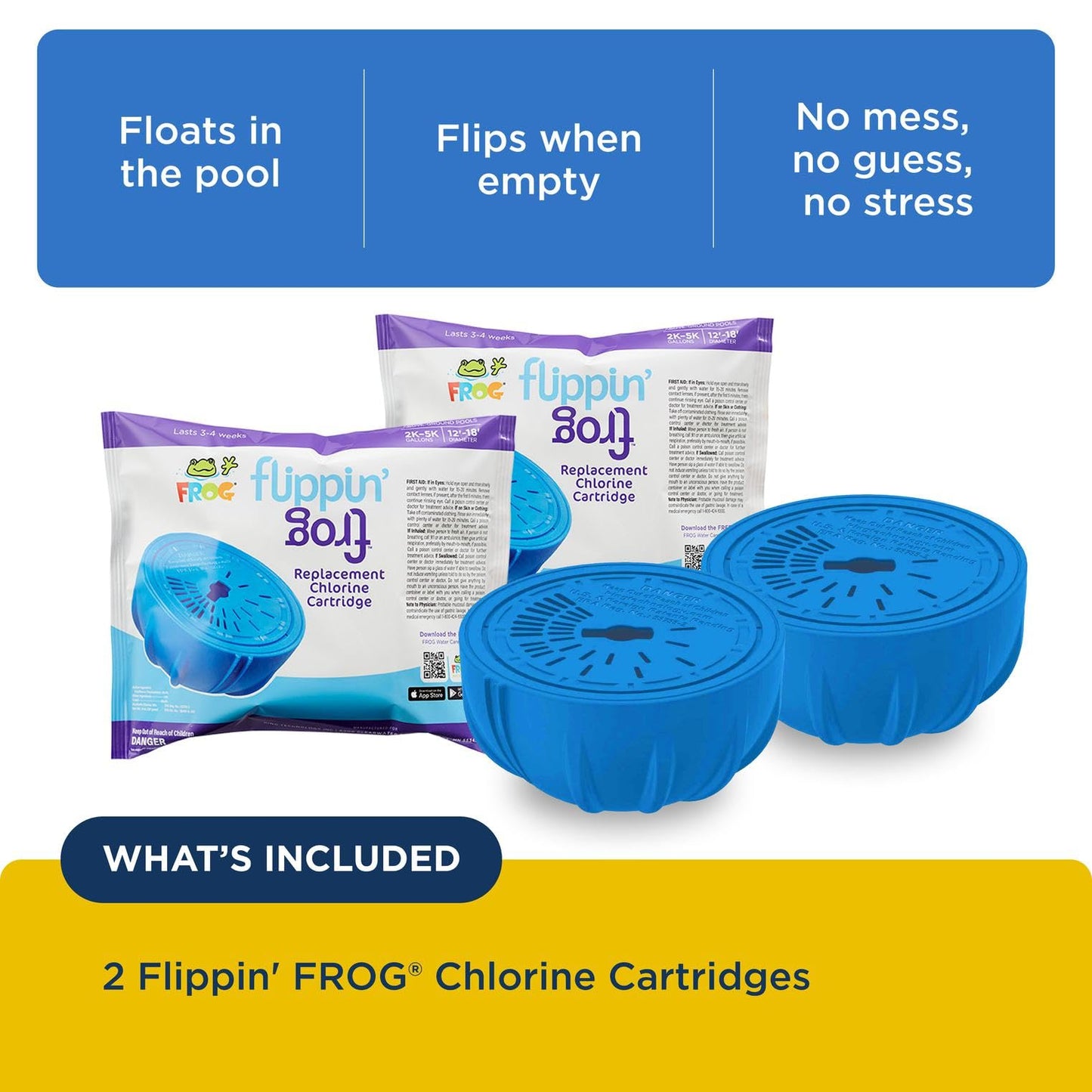 FROG Replacement Chlorine Cartridges for use with Flippin’ FROG Floating Sanitizer System - Prefilled Cartridges Support Easy Pool Maintenance and Cleaner & Clearer Water - 2 Pack