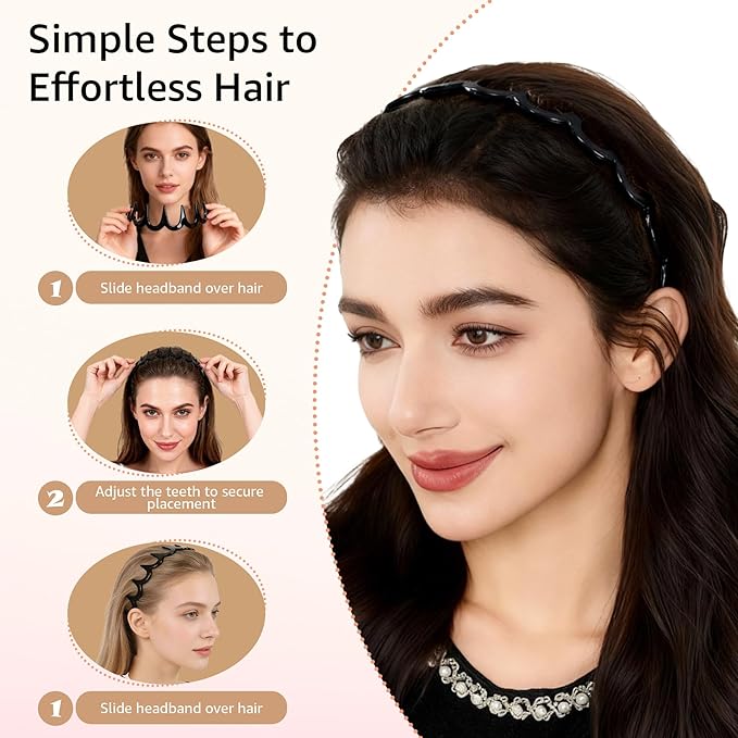 2 Pack Zig Zag Headbands for Women, Non-Slip Wavy Plastic Hair Comb Headbands with Teeth, U-Shape High Cranium Korean Style, Classic 90s Hair Accessories, Gifts for Women (Black & Brown)