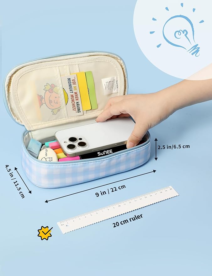 SUNEE Cute Pencil Case, Aesthetic Pen Pouch, Colored Large Pencil Bag with Zipper, Kawaii Stationery Storage and Organizer, School Supplies for Teen and Adult Girls, Blue Checkered