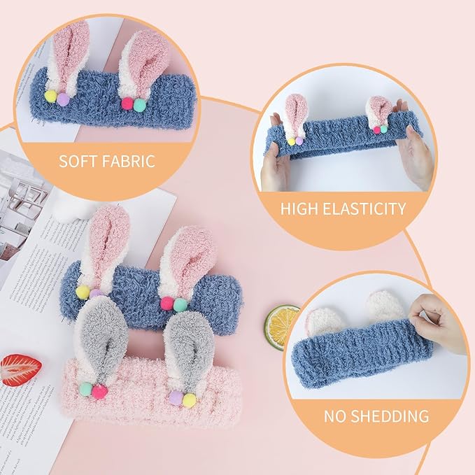PERFECTSIGHT Kawaii Headband for Spa, Makeup, Washing Face, Party - 2 Pack Cute Hair Band for Shower Beauty Skincare, Soft Facial Headbands for Girls and Women (Pink+Blue Rabbit Ear)