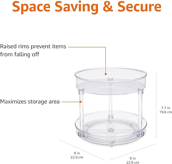 Amazon Basics Lazy Susan Turntable Organizer for Spices and Condiments, 9" Diameter, 2 Tier, Clear