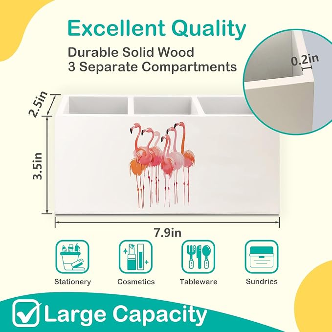 Tropical Flamingo Wooden Pen Pencil Holder for Desk Accessories, Flamingo Gifts for Women Girls, Preppy Girly Wood Makeup Brush Toothbrush Holder Organizer for Vanity Bathroom
