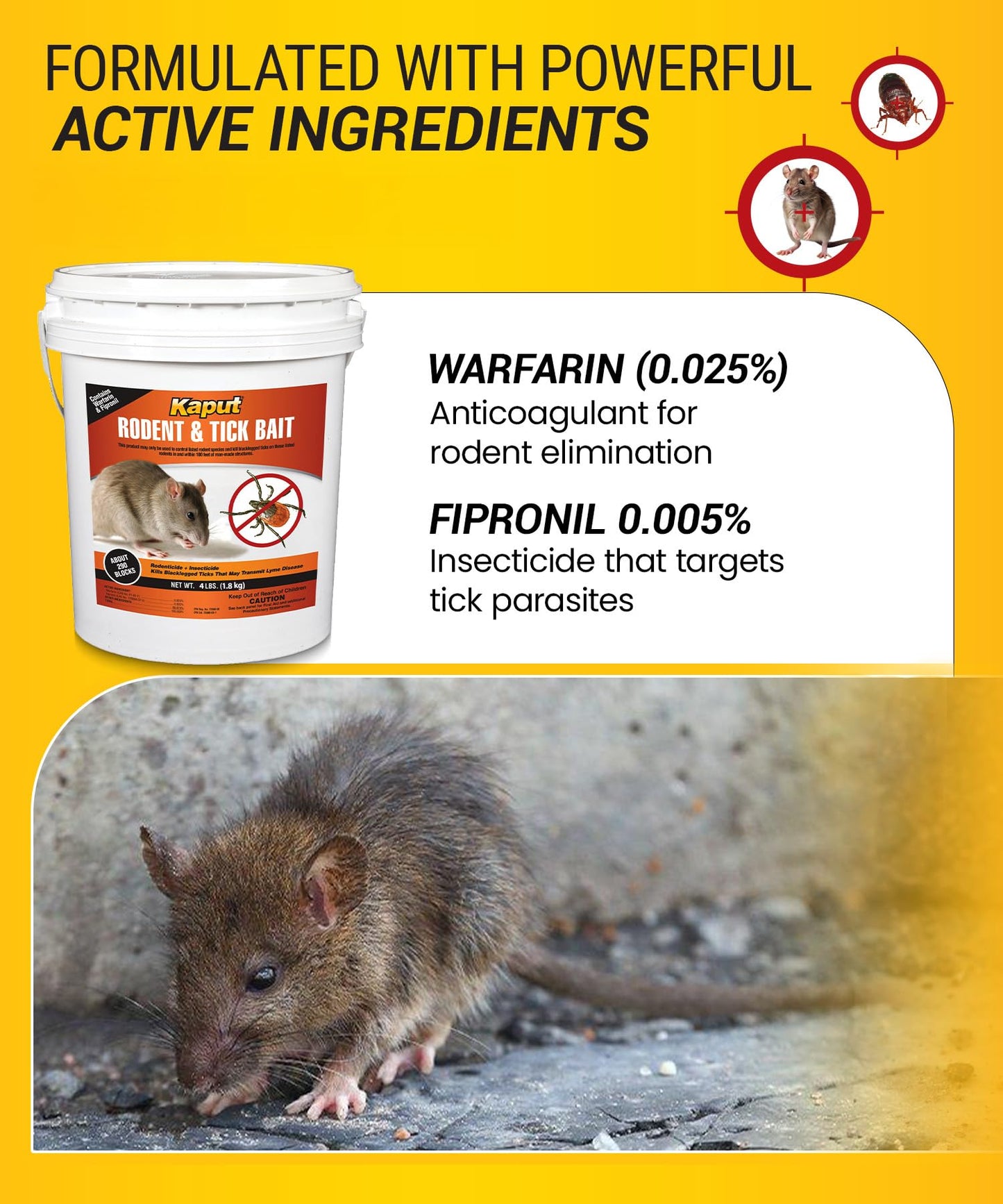 Kaput Rodent & Tick Bait Blocks, 4Lb - Powerful Warfarin & Fipronil Rat Bait Blocks for Rat Control and Their Blacklegged Ticks - Epa Approved Rodent Killer for Long-Lasting Protection