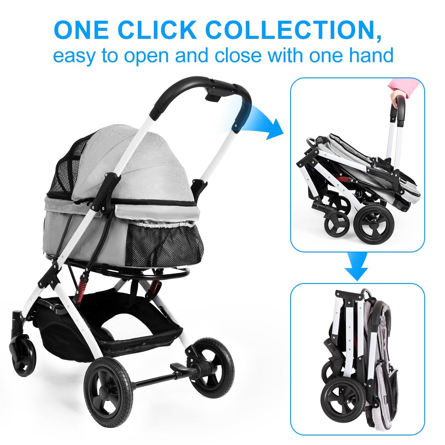 BETSOCCI Pet Stroller for Medium Small Dog & Cat, Foldable Lightweight Dog Stroller with Storage Basket Pet Travel Carriage with Safety Leashes, 4 Wheel, Gray