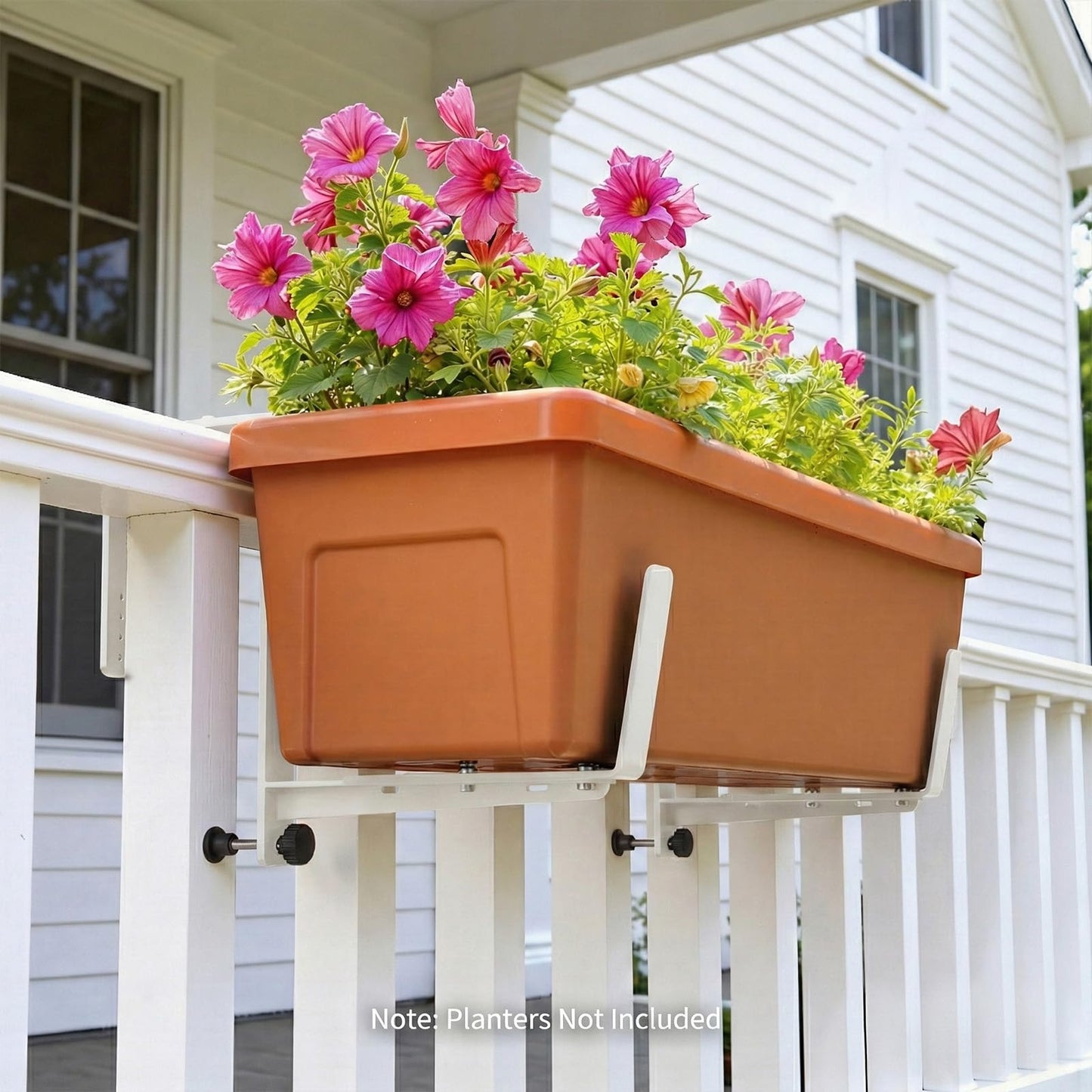 Window Box Brackets, Adjustable Planter Box Brackets, Heavy Duty Iron Flower Box Brackets for Railings, with Enhanced Bottom Support - Perfect for Balconies, Fences, and Gardens (White, 4 Pack)