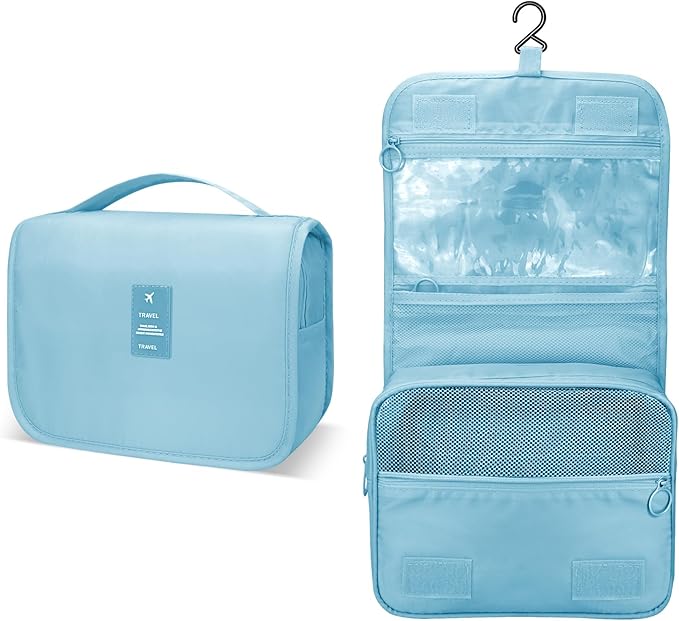 Large Capacity Toiletry Bag Travel Bag with Hanging Hook for Men and Women Waterproof Travel Cosmetic Bag Bathroom Storage Bag for Brushes Set, Full-Sized Shampoo,Accessories(Baby Blue)