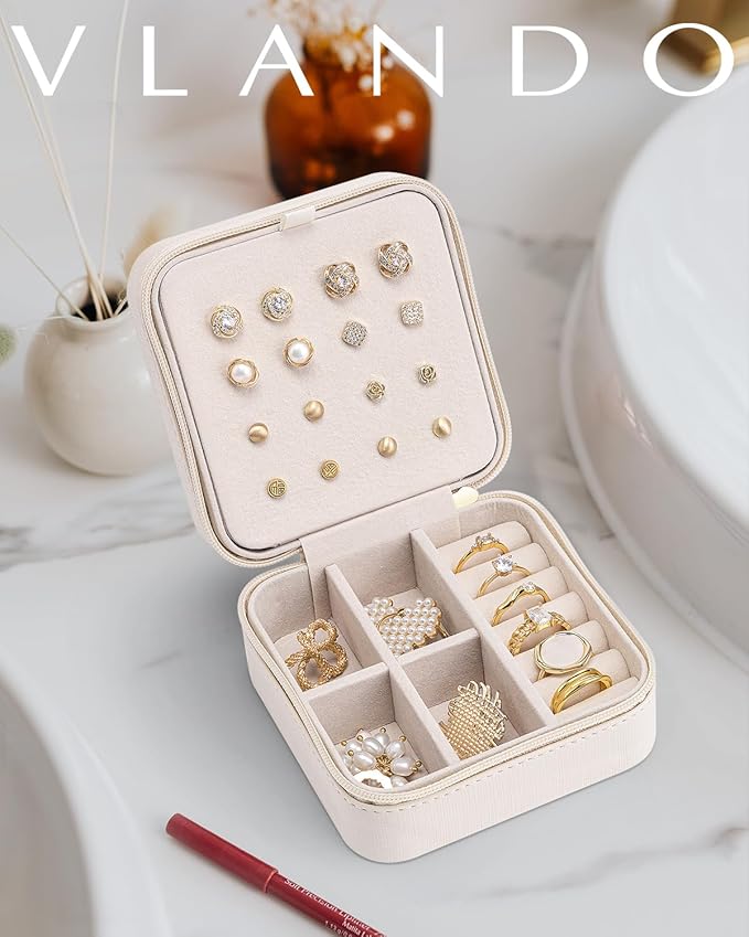 VLANDO Bridesmaid Proposal Gifts - Travel Jewelry Case, Small Travel Jewelry Organizer Box for Girls Women - White