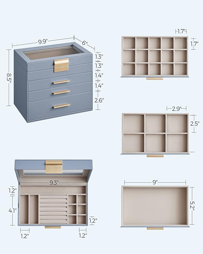 SONGMICS GISELLA Collection - Jewelry Box Organizer, 4-Layer Jewelry Storage with 3 Drawers, Shiny Metal Hardware, Glass Lid, Modern, 6 x 9.9 x 8.5 Inches, Smoky Blue and Gold Color UJBC161Q01