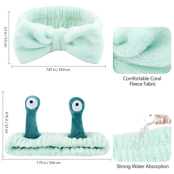 Spa Headband and Wristband Set Skincare Makeup Headband Bowknot Snail Headbands Wrist Bands for Washing Face Cute Animal Face Wash Head Band for Women Girls (Green)