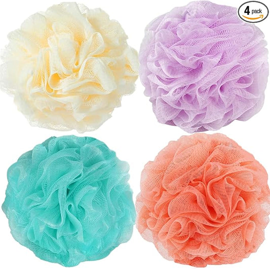 Fu Store Loofah Sponge Shower Loofahs 70g Bath Sponges Mesh Balls 4 Colors for Body Scrubber Exfoliator Wash Back Scrubber Bathroom Men Women - 4 Pack Scrubbers Cleaning Bathing Accessories