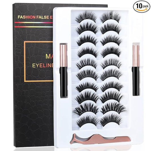 Upgrade 3D Natural Magnetic Eyelashes,Lightweight Magnetic Eyeliner and Eyelashes Kit, 2 Magnetic Eyeliners- No Glue Needed (10 Pairs)