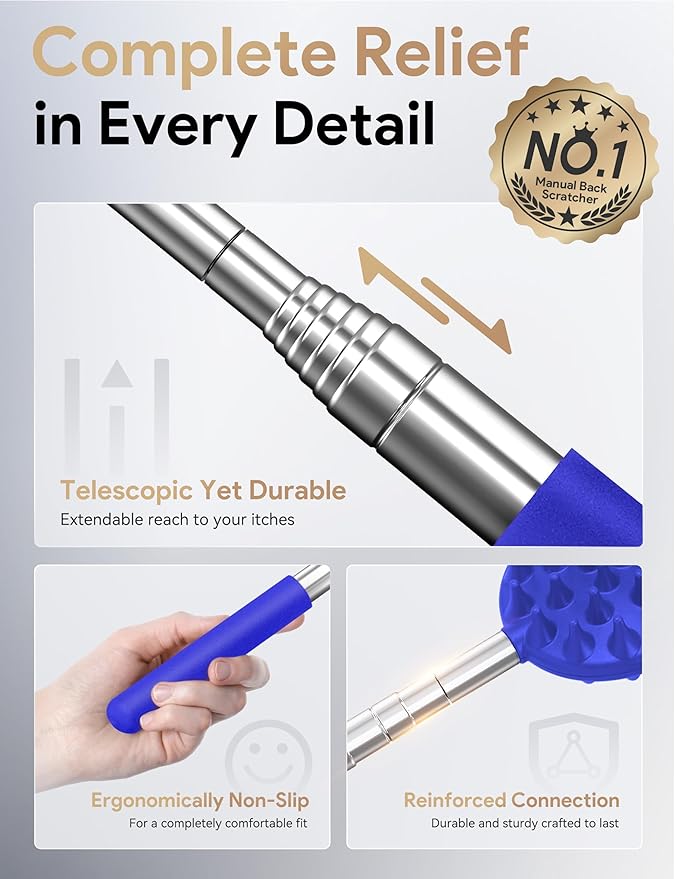 TUKUOS Telescoping Back Scratcher with 5 Detachable Scratching Heads, Valentines Day Gifts for Him Men, Anniversary Birthday Gifts for Men Women Back Scratcher for Men/Dad/Women/Adults - Blue
