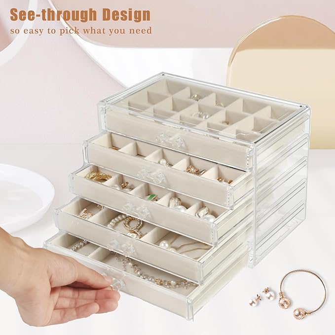 GUOER 5 Drawers Clear Jewelry Box for Women and Girls, Acrylic Earring Holder Organizer Ring Holder Display Storage, Warm White