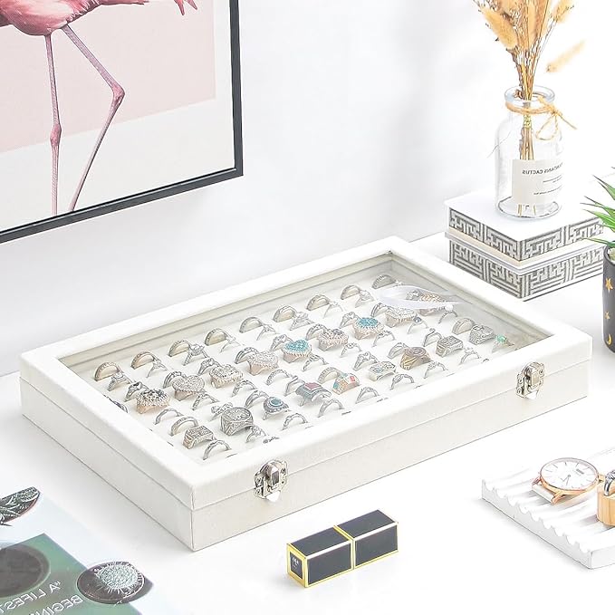 Ring Holder Organizer Box, Jewelry Display Case, Earring Necklace Storage Tray With Top Glass Lid (Beige, 100 Slots)