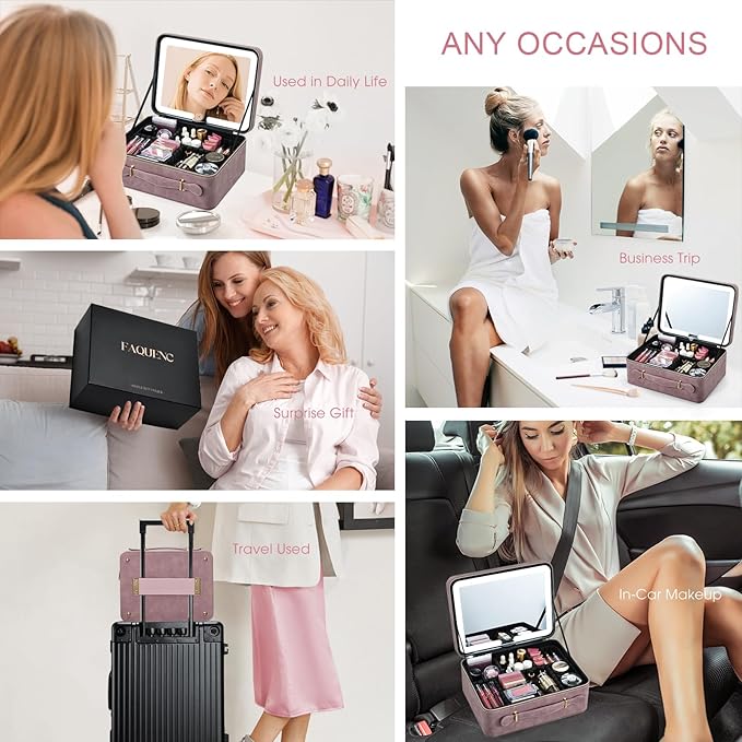 Faquenc Makeup Case with LED Lighted Mirror 11.4 Inch Travel Makeup Bag Adjustable Brightness in 3 Colors Cosmetic Organizer Artist Storage Bag with Dividers Brush Holder Bag Vanity Purple