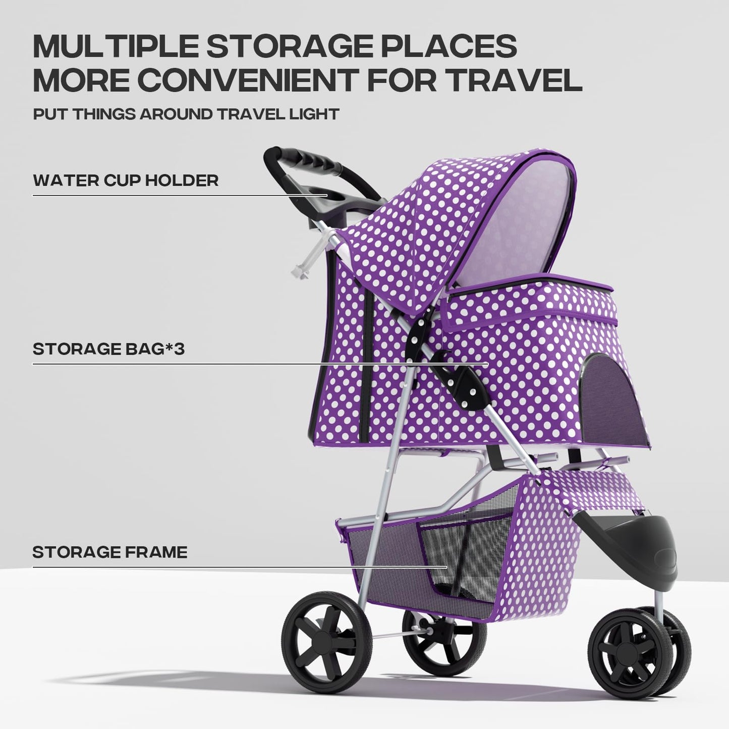 Pet Stroller for Small Dogs 10 lbs, Dog Stroller for Medium Dogs 30 lbs, Cat Strollers for 2 Cats, 3 Wheels Foldable Jogger Puppy Stroller with Storage Basket and Cup Holder, Purple Polka Dots