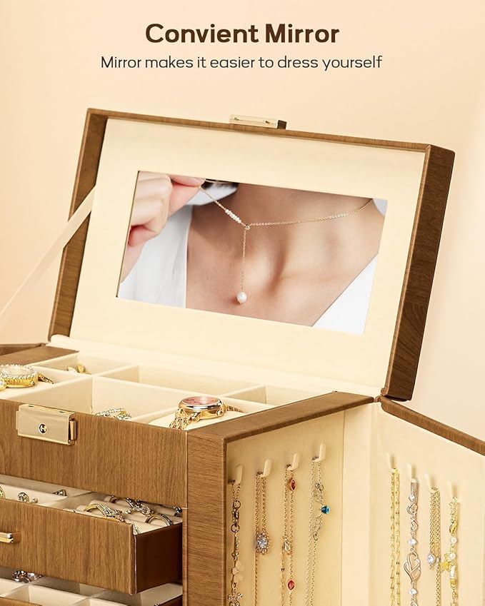 Homde Synthetic Leather Huge Jewelry Box Mirrored Watch Organizer Necklace Ring Earring Storage Lockable Gift Case (Brown + Gold)