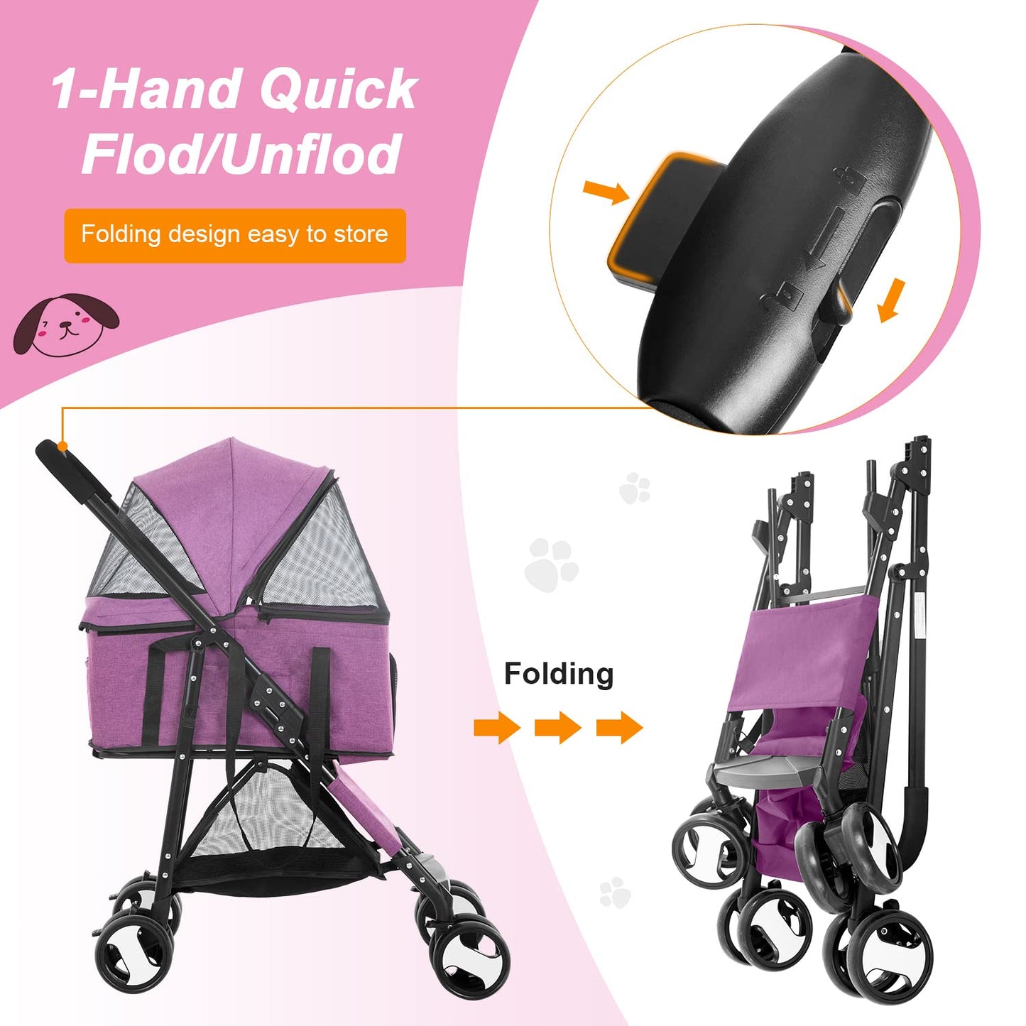 BestPet Pet Stroller Premium 3-in-1 Multifunction Dog Cat Jogger Stroller for Medium Small Dogs Cats with Folding Lightweight Travel & Detachable Carrier,Purple