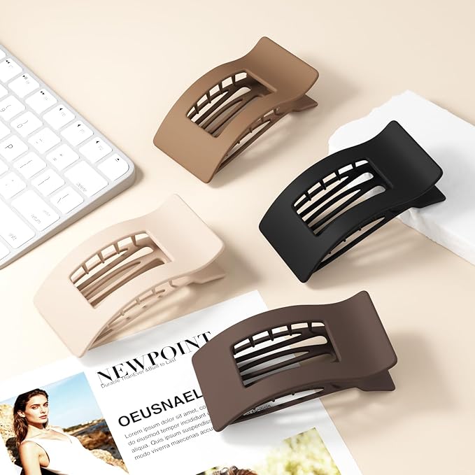 4 PCS Flat Hair Clips for Women Girls, French Rectangle Lay Down Claw Clips for Thick Thin Hair, Comfortable Curved Large Flat Clips, Matte Non-slip Strong Hold Square Hair Accessories, Brown