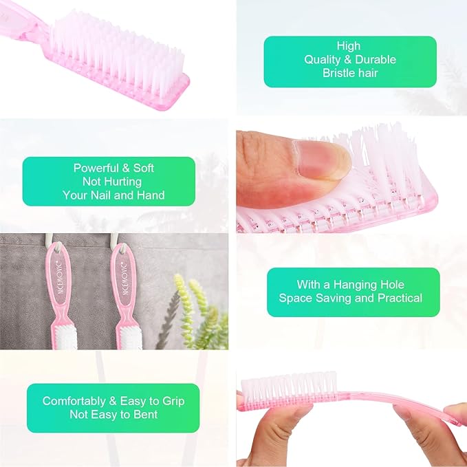 NICEMOVIC 10 Pcs Nail Brush for Cleaning Fingernails, Handle Grip Nail Scrubber Brush, Hand Fingernail Cleaner Brush Manicure Tools Scrub Cleaning Brushes, Use for Toe and Nail Cleaning (Clear-Pink)