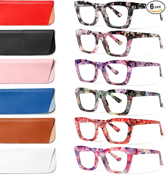 6 Pack Oprah Style Reading Glasses for Women Blue Light Blocking Computer Square Readers with Spring Hinge (Mix Color-7, 2.75, x)