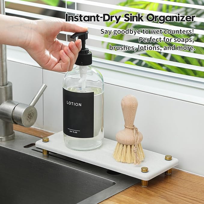 Stone Drying Tray, Gold Sink Caddy, Water Absorbing Faucet Mat Kitchen Sink Organizer, Diatomite Bathroom Counter Coaster, Soap Dish Rack Riser Dispenser Sponge Holder, Beige 10" x 4"