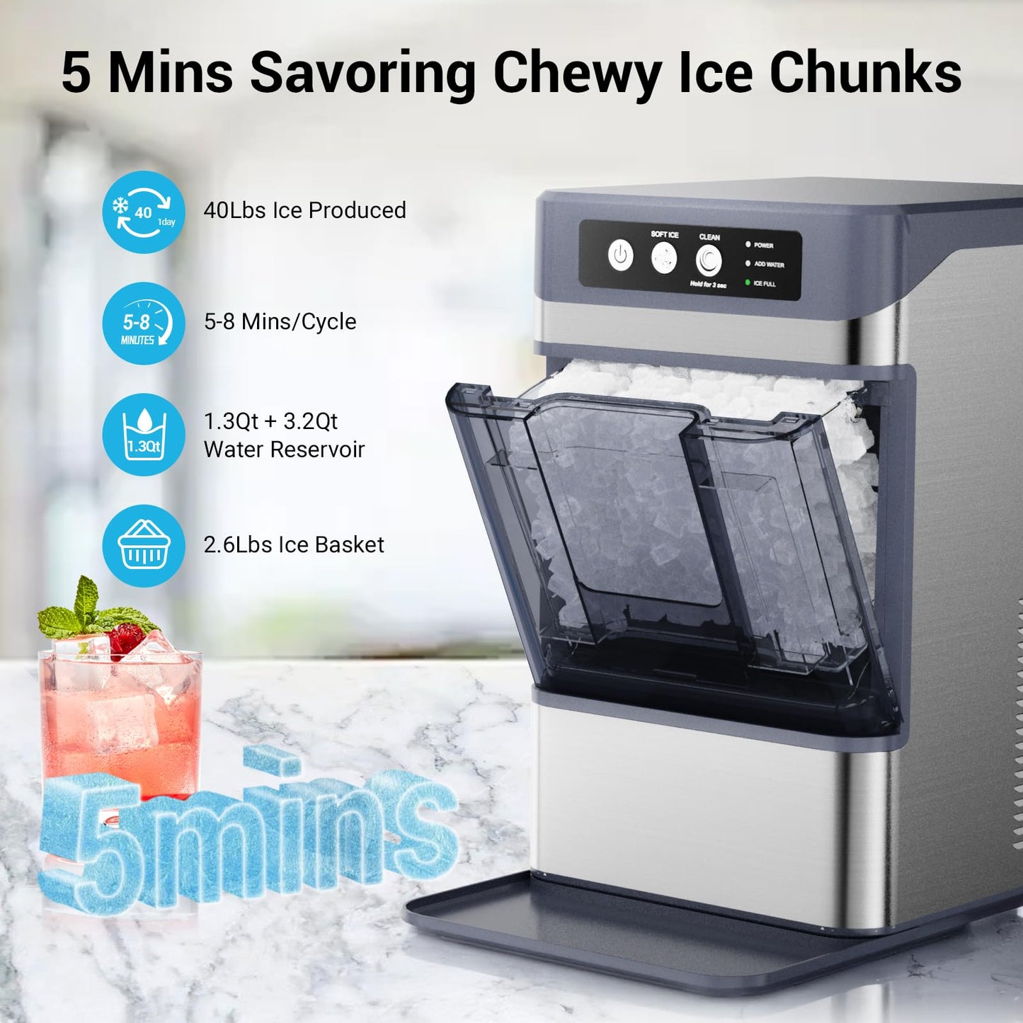 Countertop Nugget Ice Maker with Water Tank, 40 lbs/24H, 5-8min Ready, Self-Cleaning, Chewable Pellet Ice, Stainless Steel Counter Table Ice Machine for Home, Office, RV, Camping