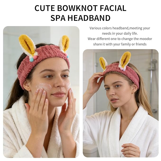 PERFECTSIGHT Kawaii Headband for Spa, Makeup, Washing Face, Party - 2 Pack Cute Hair Band for Shower Beauty Skincare, Soft Facial Headbands for Girls and Women (Red+Yellow Rabbit Ear)