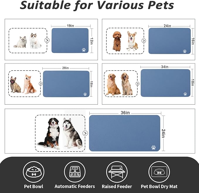 Dog Food Mat - Absorbent Cat Mat for Food and Water, No Stains Pet Feeding Bowl Mat, Easy to Clean Pet Placemats, Quick Dry Dog Water Dispenser Mat for Messy Drinkers | Paw Blue 24"x36"