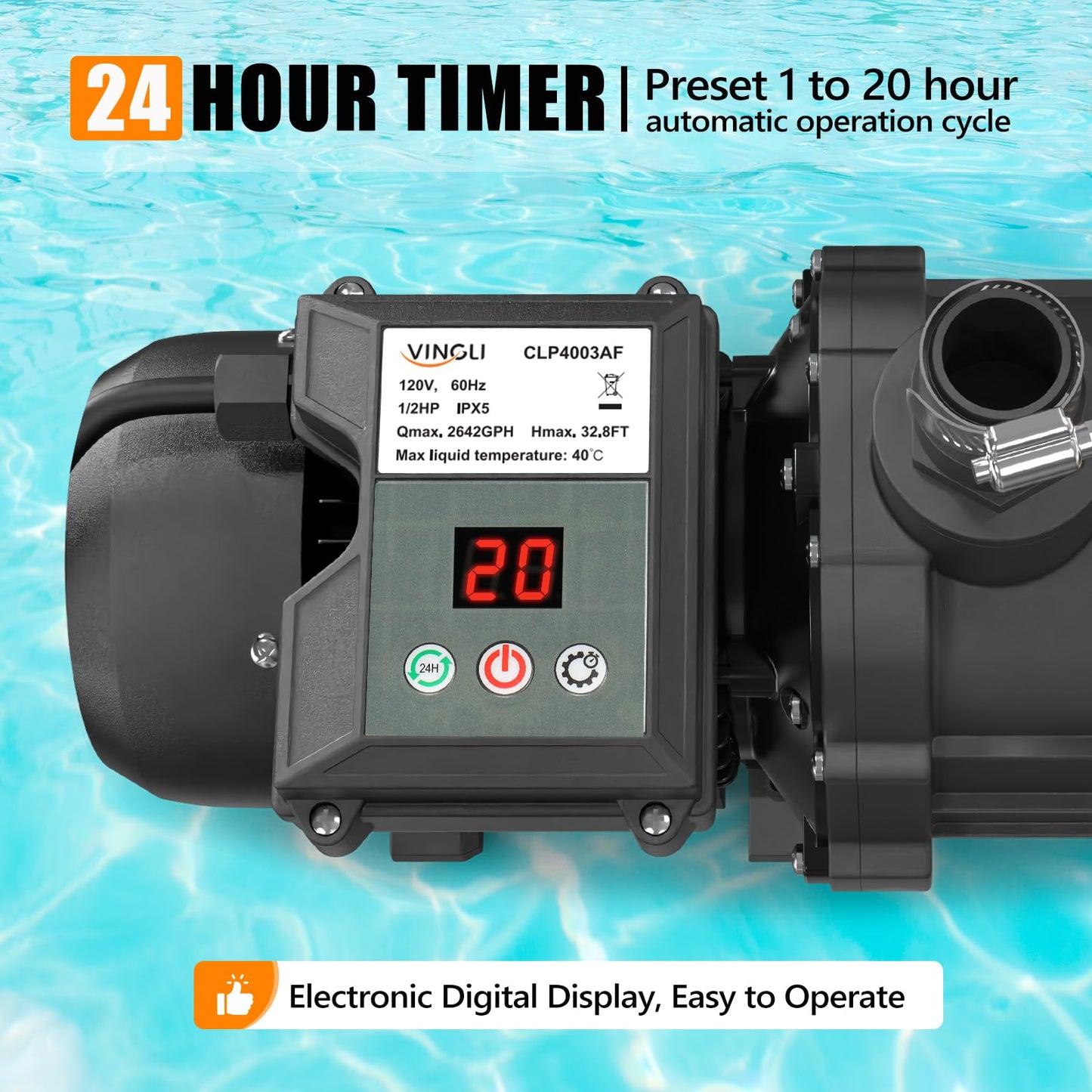 VINGLI (24H Timer) 12 in Sand Filter Pump with Filter Balls, 1585 GPH 1/2 HP High Efficiency Pool Pump with 7-Way Valve for Above Ground Swimming Pools Up to 8000 Gallons