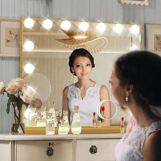 Gold Hollywood Vanity Mirror with Lights, 15 Dimmable Bulbs, 3 Color Lights,Make Up Lighted Mirror, Aluminum Metal Frame, USB Charging Port（23" x 18"）