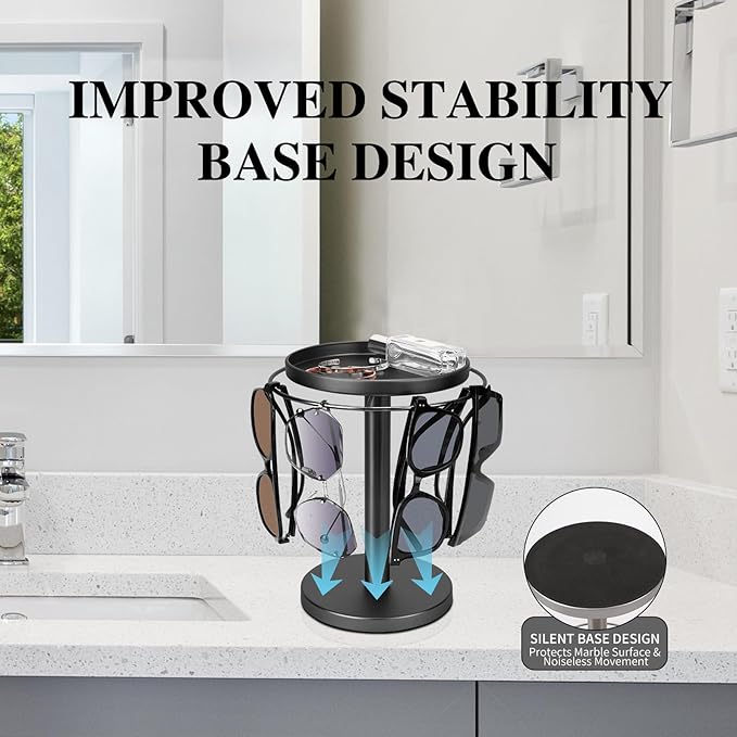 360° Rotating Sunglass Organizer Storage, Stainless Steel Glasses Holder Stand, Glasses Organizer with Tray for Desk, Dresser, Tabletop, Nightstand and Home Decor(Titanium Black)