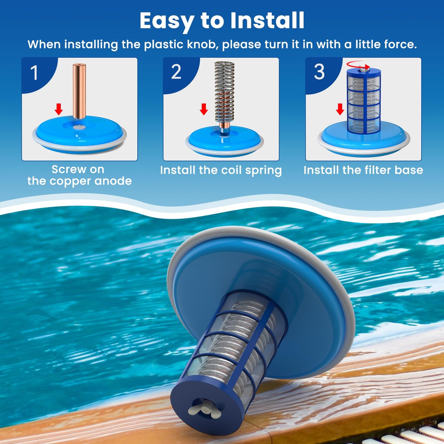 Troxlly Pool Ionizer Copper Replacement Kit (Enhanced Thickened Copper Rod) - 2PCS Replacement Copper Anodes 4.13 x 0.98 Inch Universal Fit for Solar Ionizer, Complete Set with All Accessories