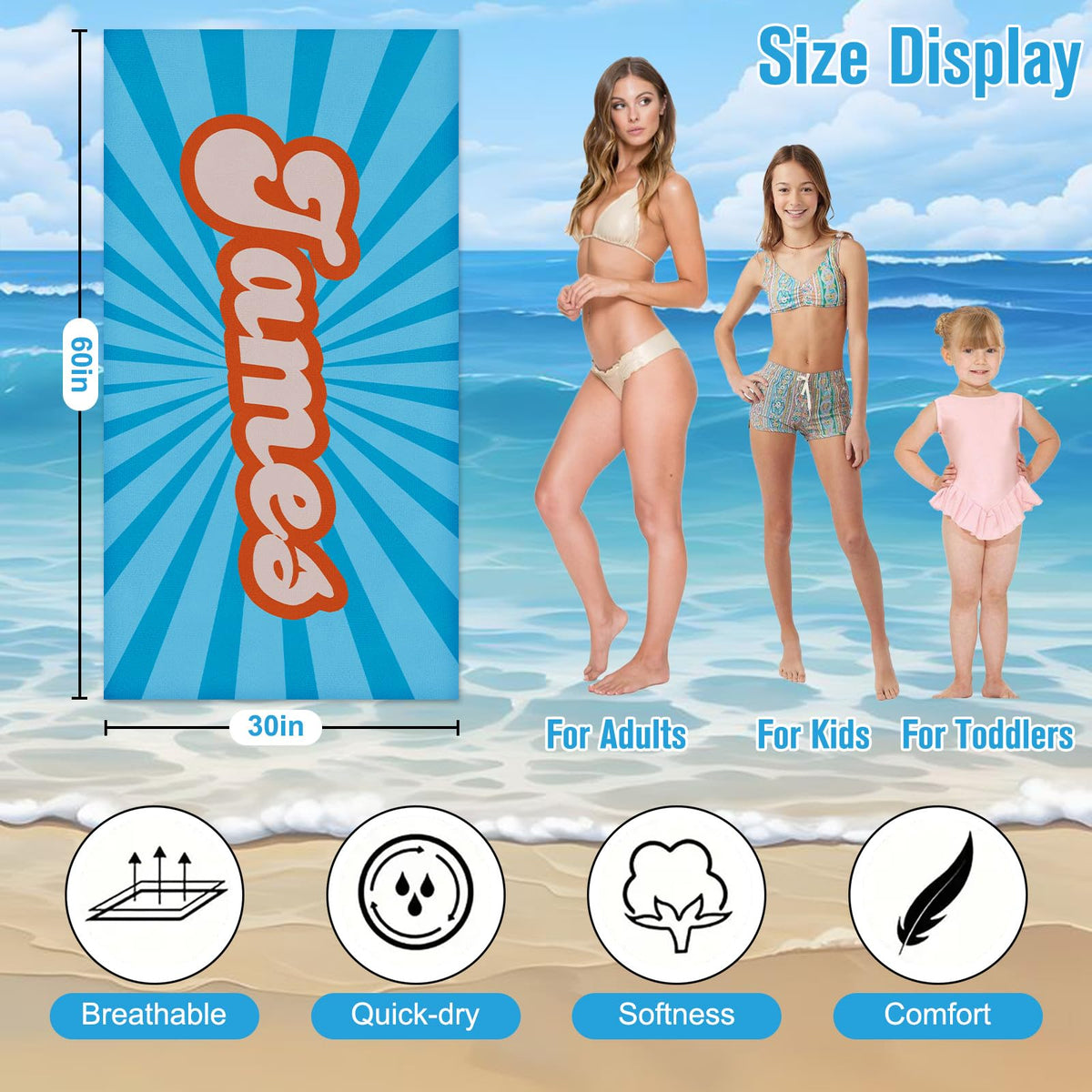 Yoltotude Personalized Kids Beach Towels Custom Sand Free Microfiber Beach Towel with Names & Monogram Customized Quick Dry Pool Towels for Girls Boys Standard Size Easter Gifts for Kids