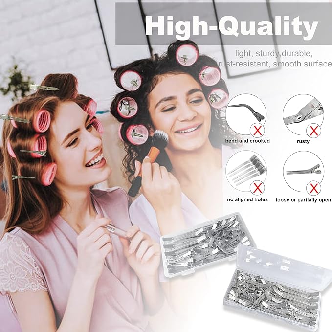 HiJeaton 42Pcs Styling Hair Clips, Silver Metal Duck Billed Hair Clips for Women Styling Sectioning, Duckbill Long, Pin Curl, Alligator Roller Clip with Case (42PCS)