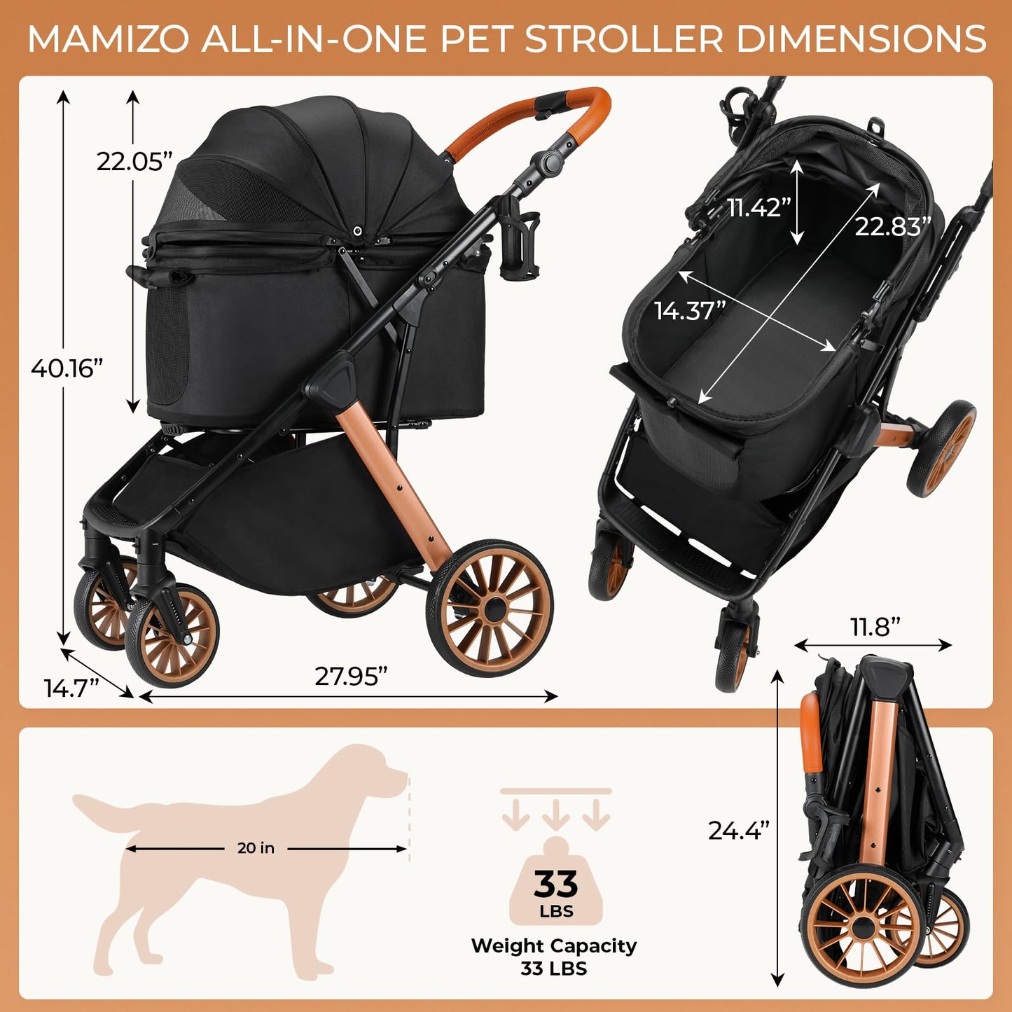 MAMIZO Foldable Dog Stroller for Medium Dogs Cats Up to 33 Lbs, Adjustable Height Handle, Pet Stroller with Aluminum and Carbon Steel Frame, Sun Shades, Storage Basket & Shock Absorbers, All-Terrain