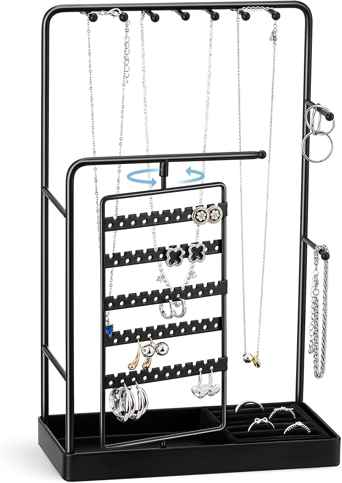 ProCase Jewelry Stand Holder Organizer, Jewelry Display Storage with Ring Tray, No-Assembly, Rotating Earring Bracelet Necklace Holder,Valentine's Gifts Room Dorm Decor for Teen Girls -Black