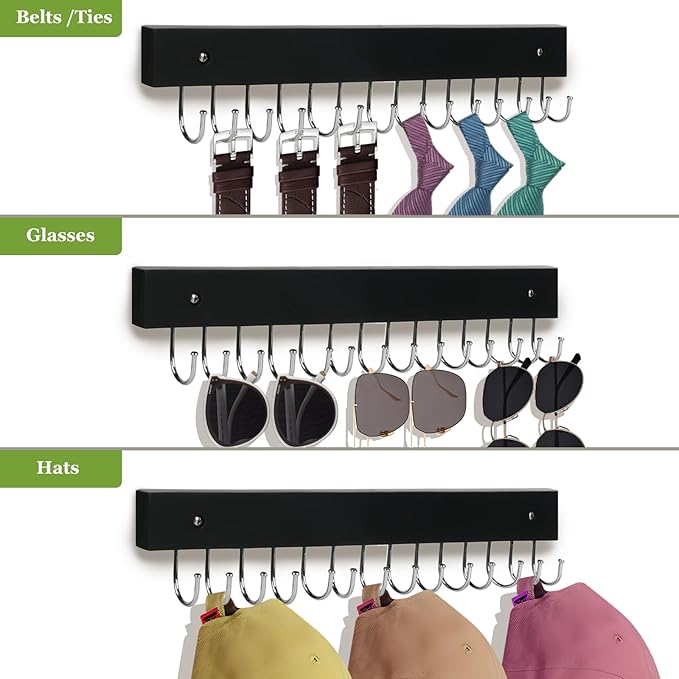 Necklace Holder Wall Mounted Jewelry Organizer - 2 Pack Wooden with 28 Hooks, Hanging Earring & Ring Bracelet Storage, Decorative Space-Saving Jewelry Display (Black)
