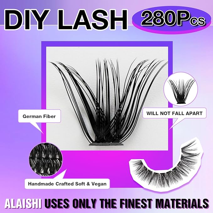 Lash Clusters, DIY Cluster Eyelash Extensions 9‑16mm, 60D, 280pcs D Curl Natural Volume Lashes–Fake Cat Eye Wispy Individual Clusters