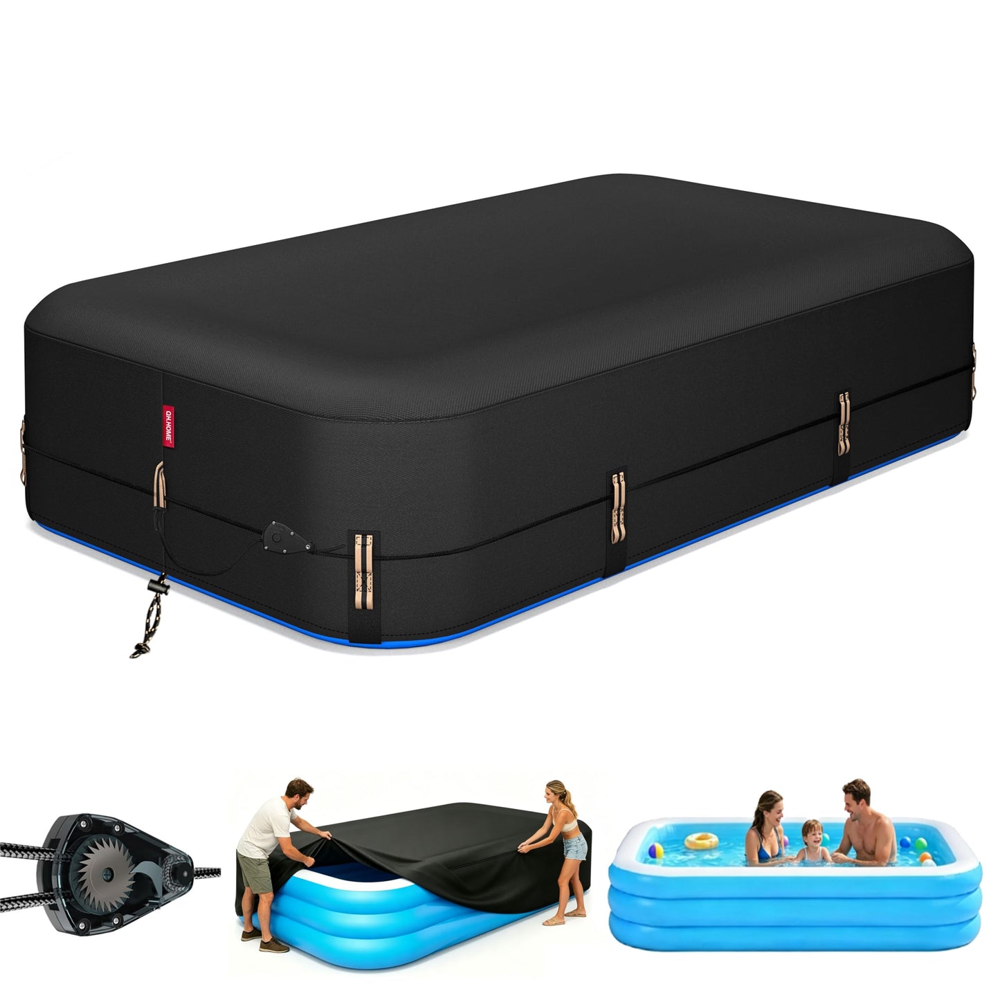 QH.HOME 120"x72" Rectangular Pool Cover for Inflatable Pool,Fits Blow Up Pool Size 10' x 6', Blocks Leaves & Sun, Windproof Snug Fit with Patented Ratchet & Weight Rings to Prevent Slipping