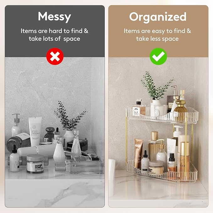 Lifewit 2-Tier Corner Bathroom Counter Organizer, Plastic Makeup Skincare Organizers Storage Countertop, Large Sink Cosmetic Perfume Shelf for Bedroom, Dresser, Kitchen, Vanity, Clear, 25 cm/10inch(H)