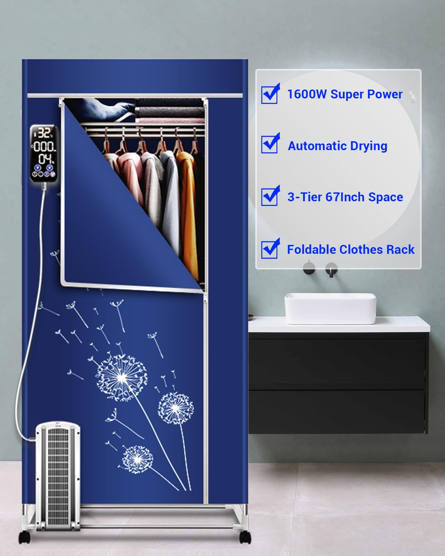 KASYDoFF Clothes Dryer, 35LB Capacity-67Inch Portable Dryer, 1600W-3 Tier Foldable Clothes Dryer Rack, Energy Saving Portable Dryer for Apartment, Indoor, Travel, RV