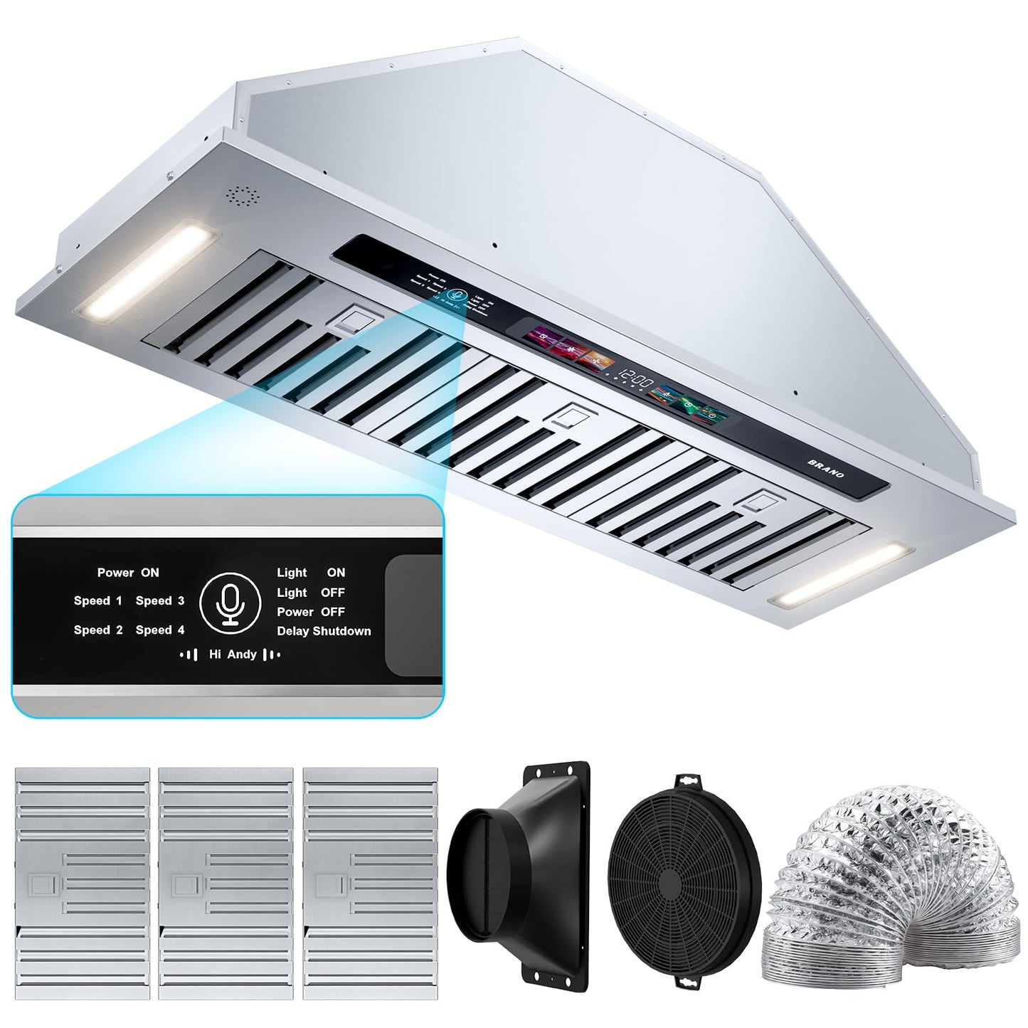BRANO Range Hood Insert 36 Inch, 900 CFM Smart Voice/Gesture/Touch Control, 4 Speed Exhaust Fan, Stainless Steel Kitchen Hood with Charcoal Filter, Ducted/Ductless Convertible