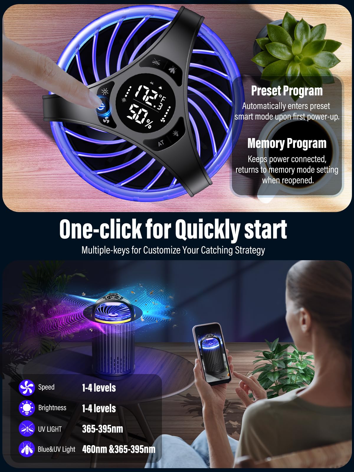 Fly Trap Indoor - Fruit Fly Traps for Indoors, Gnat Traps for House Indoor with 3-in-1 Multi-Insect Catching + UV&Blue Light + Fan Suction, Ideal for Garage/Kitchen/Patio/Plant Pots, 10 Refills, Black