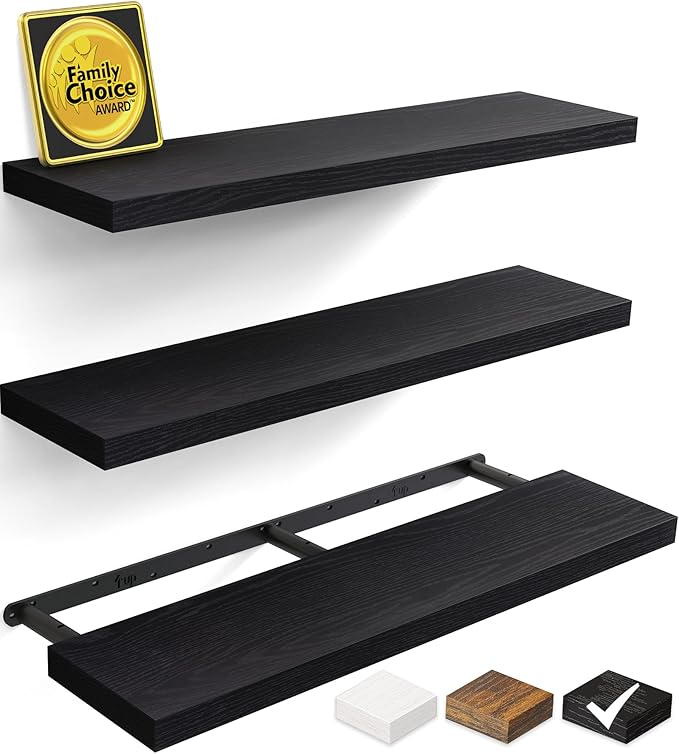 BAYKA Floating Shelves for Wall, Set of 3, 36 Inches Long Black Wall Mounted Rustic Wood Shelves for Bathroom, Bedroom, Living Room or Kitchen, for Book/Storage/Decor with 30lbs Capacity
