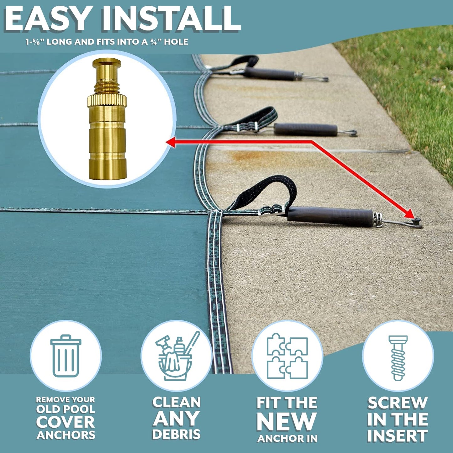 Poolzilla Pool Safety Cover Brass Anchors for Concrete and Pavers - 5 Pack - Universal Fit