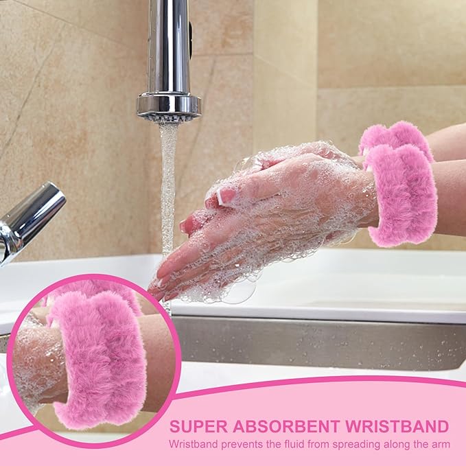 CAVETEE Hairband, 3 Piece Fluffy Pink Bear Ear Makeup Headband and Wristband Set for Women, Spa Cosmetic Elastic Headband and Wristband Set for Women Girl Wash Face Skincare Makeup Shower Spa