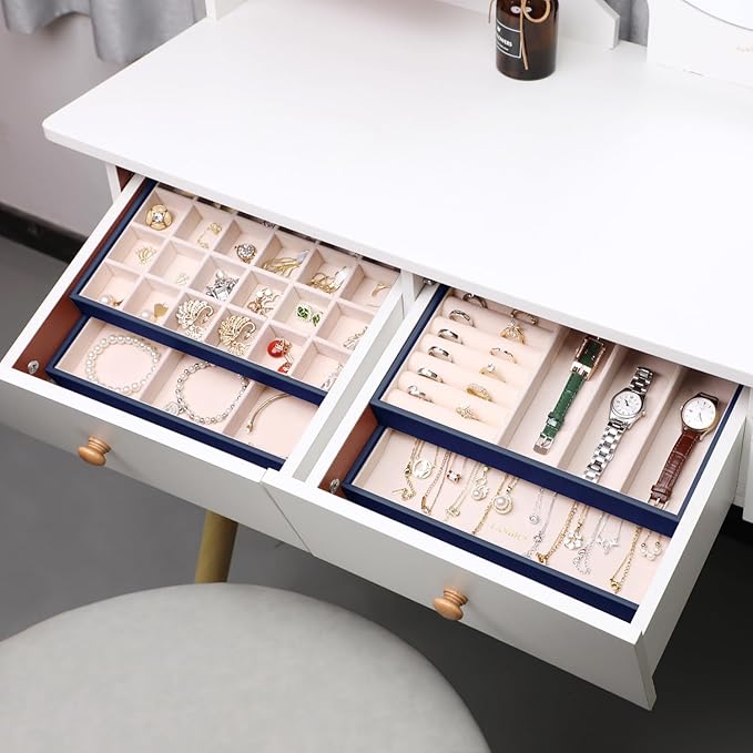 LANDICI Stackable Jewelry Organizer Trays 4 Set,PU Leather Jewelry Organizer Drawer,Jewelry Storage Display Tray for Earring Necklace Rings Bracelet with Removable Dividers,Dark Blue