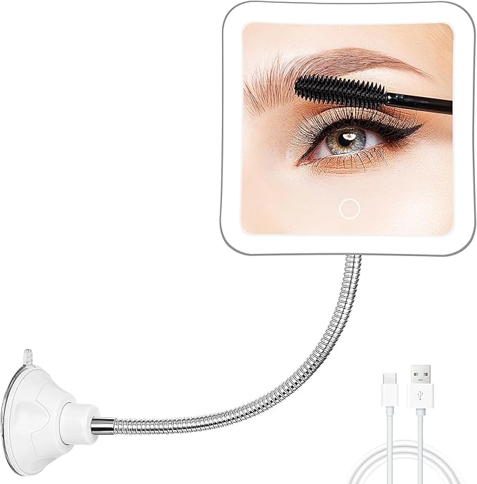 Fabuday Flexible Gooseneck 30X Lighted Magnifying Mirror - Upgraded Rechargeable Makeup Mirror with Lights and Magnification, LED Travel Mirror with Suction Cup for Bathroom, 3 Color Lighting, Square