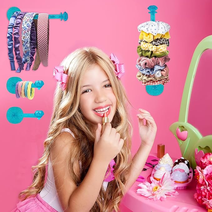 4Pcs Headband Holder Stand Scrunchie Organizer, Girls Hair Accessories Organizer Storage for Headband Hairband Hair Ties, Clear Glitter Adhesive Scrunchy Holder Scrunchie Storage